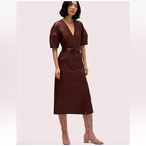 KATE SPADE NEW YORK Cherrywood Leather Dress Tie Waist Midi Size 4 $1995 Small - Picture 3 of 15